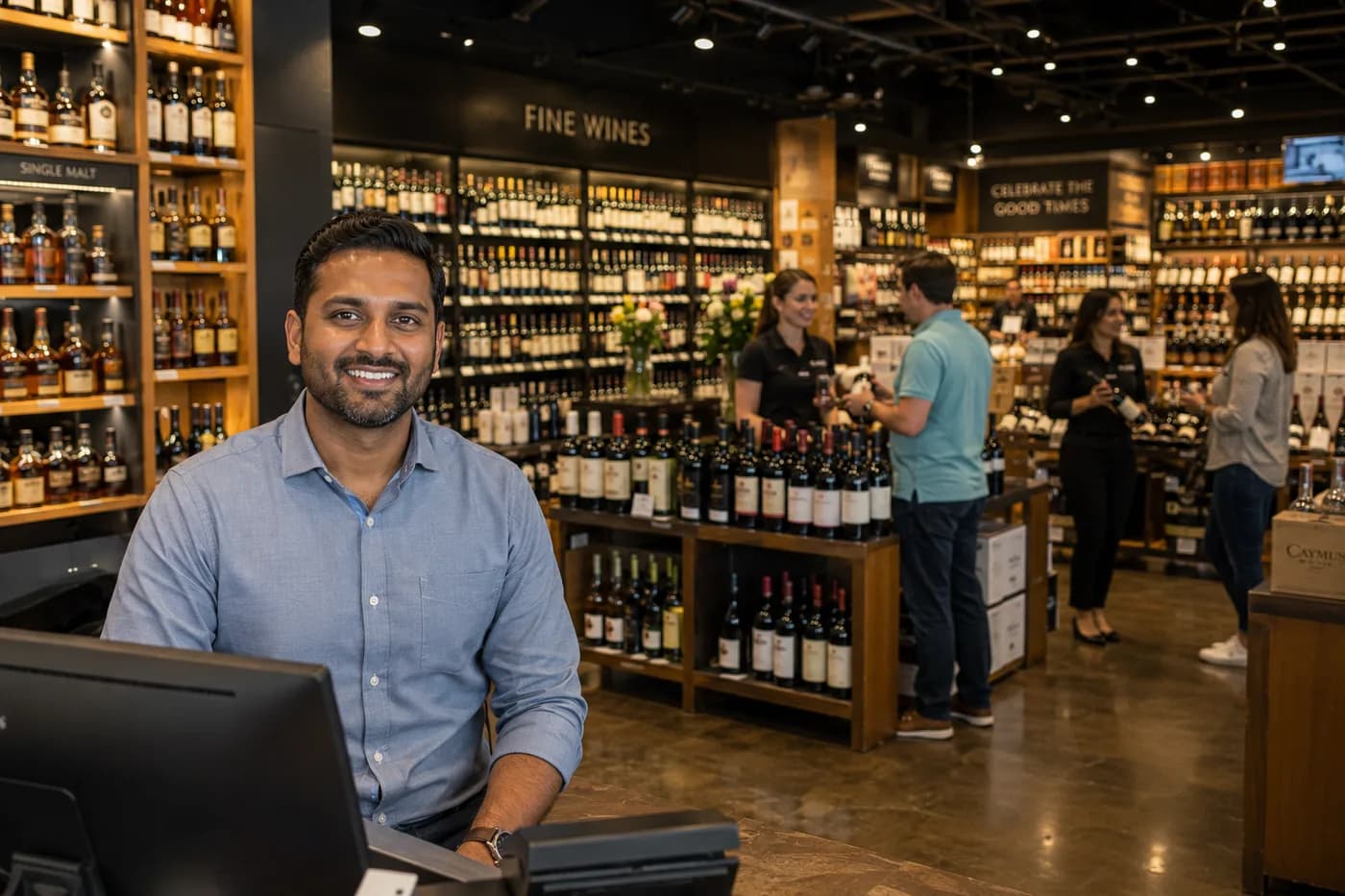 A store owner smiling at the register of his shop